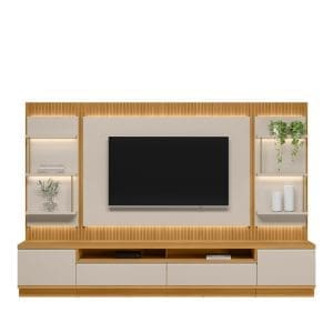 Conjunto Rack + Painel + 2 Módulos Laterais Baeza 2,97 m para TV até 70” – Painel Ripado com LED em MDP/MDF