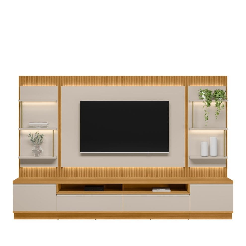 conjunto rack painel 2 modulo lateral sao paulo Conjunto Rack + Painel + 2 Módulos Laterais Baeza 2,97 m para TV até 70” – Painel Ripado com LED em MDP/MDF