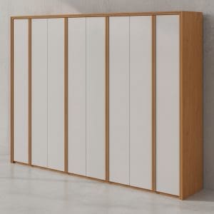 Guarda-Roupa Casal 8 Portas Logan – 6 Gavetas – 100% MDF – Amêndoa Clean com Off White – 2,70 m – Calceiro – Cabideiro