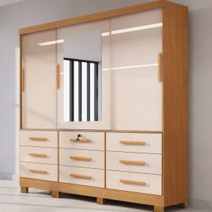 Guarda-Roupa Casal Athenas – 3 Portas de Correr – 9 Gavetas – Nature com Off White– 1,80 m – Com Espelho