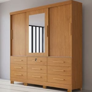 Guarda-Roupa Casal Athenas – 3 Portas de Correr – 9 Gavetas – Nature – 1,80 m – Com Espelho