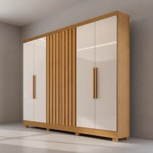Guarda-Roupa Casal Cabo Frio – 6 Portas – 2 Gavetas – 100% MDF – Nature/Off White – Detalhe Ripado – 1,80 m