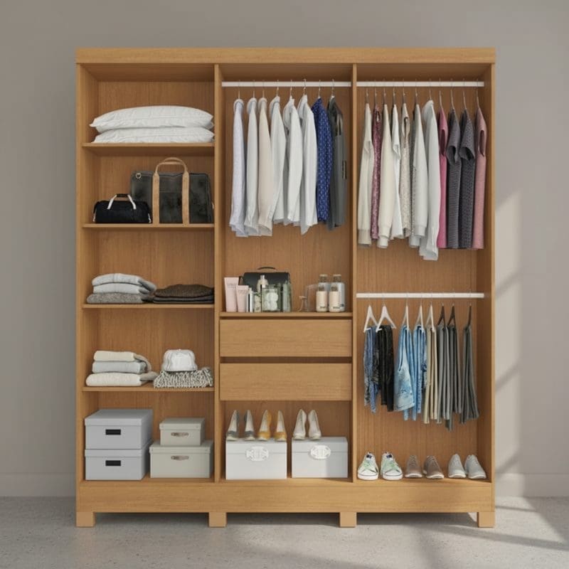 generated image 1758657772785 Guarda-Roupa Casal Cabo Frio – 6 Portas – 2 Gavetas – 100% MDF – Nature/Off White – Detalhe Ripado – 1,80 m