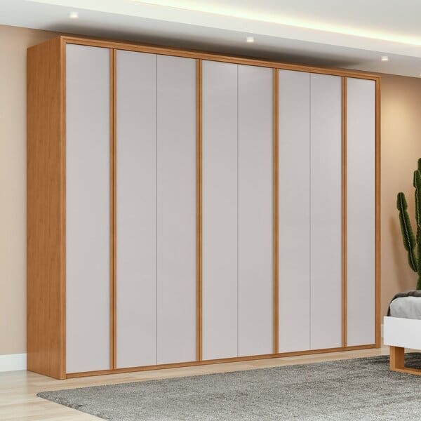 Guarda-Roupa Casal 8 Portas Logan – 6 Gavetas – 100% MDF – Amêndoa Clean com Off White – 2,70 m – Calceiro – Cabideiro